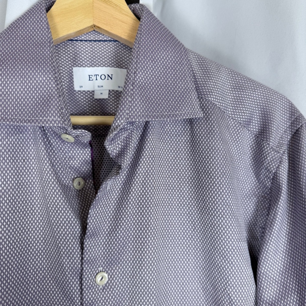 Eton Slim Fit Dress Shirt Mens 15.5 39 Purple Dobby Diamond Textured Cotton LS